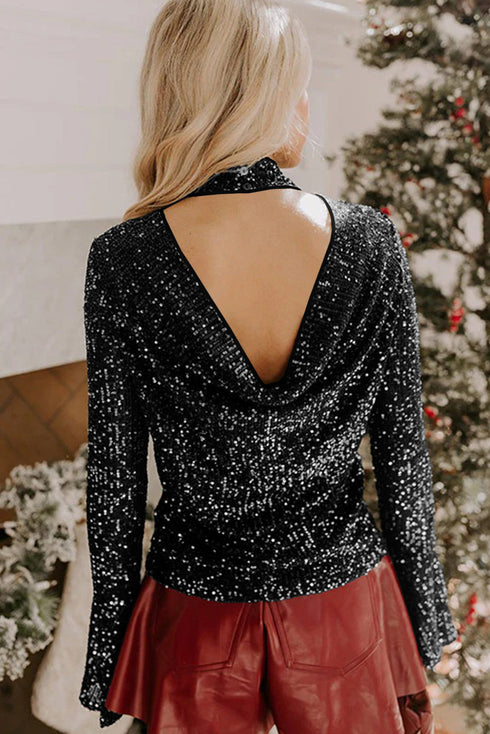 Sequin Mock Neck Drape Open Back Bell Sleeve Lined Top